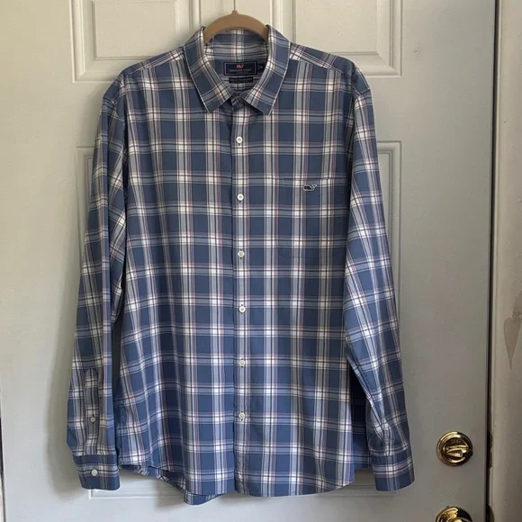 Men's Vineyard Vines Blue Plaid Slim Fit Tucker Shirt, Size XL - Picture 2 of 11